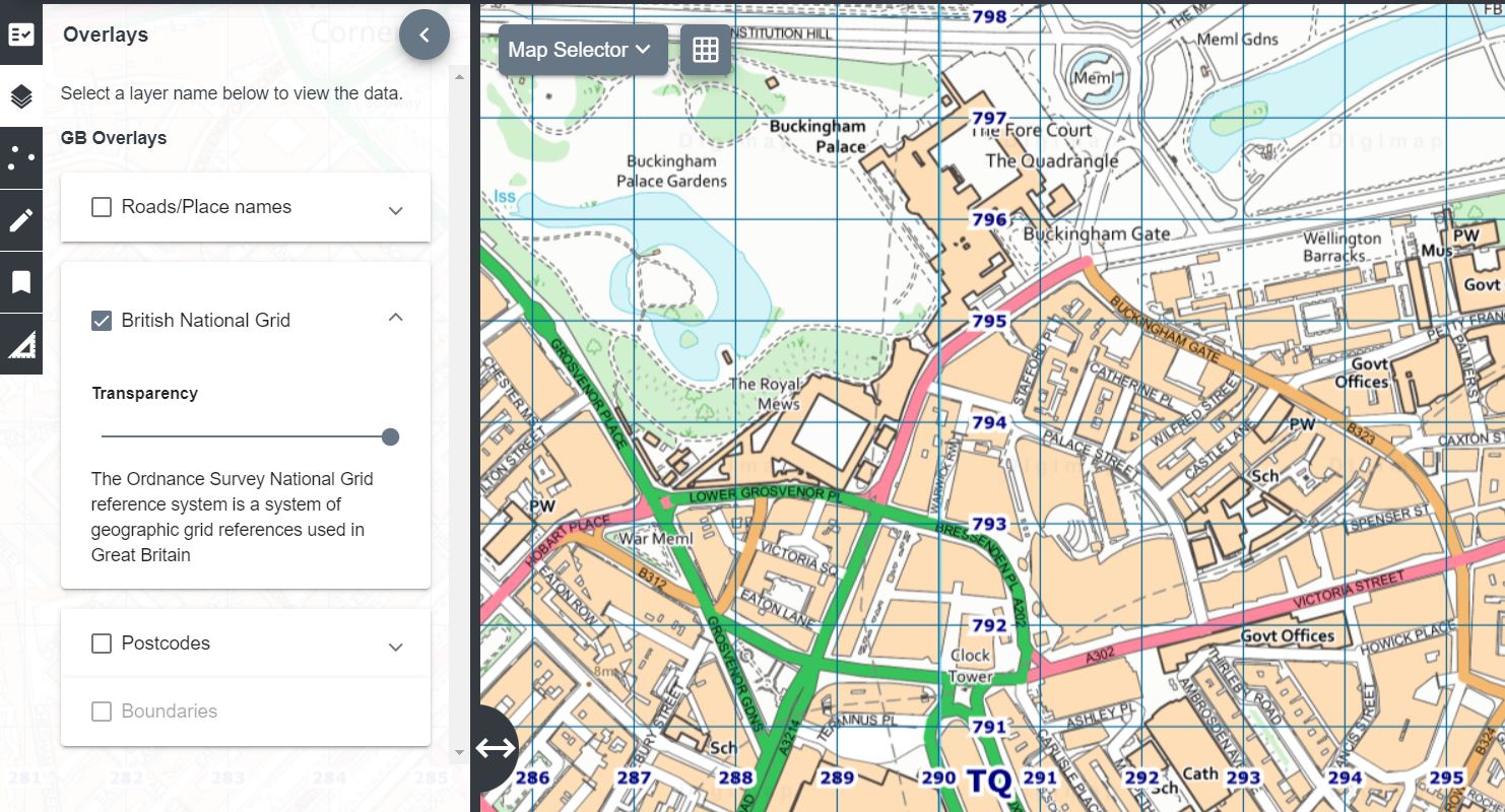 Overlays menu with British National Grid lines selected